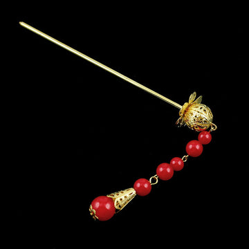Gold Finish Hair Sticks with Red Beads Tassel